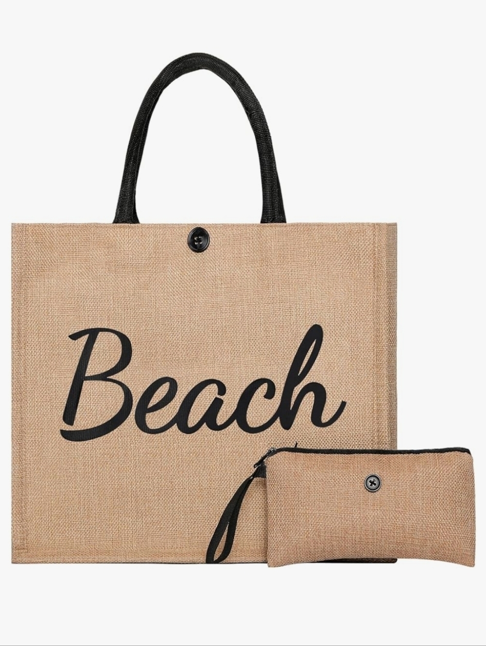 Beach Tote Bag with Wrist Pouch - Natural/Black